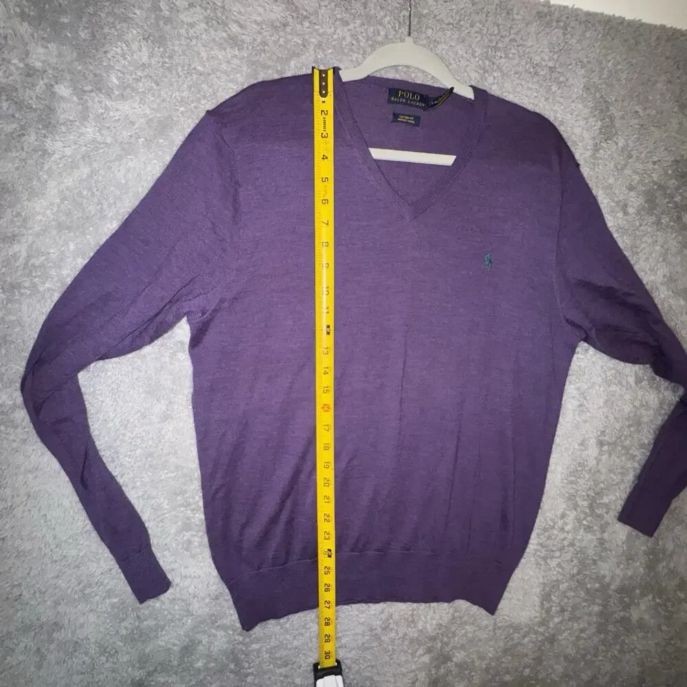 Polo Ralph Lauren Merino Wool V Neck Sweater SZ L Purple Preppy Custom Fit